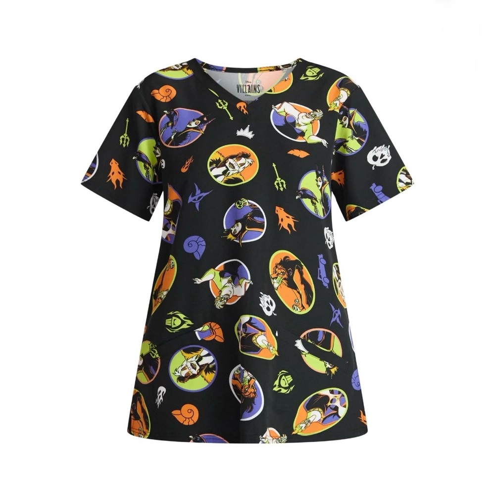 Disney Villains Women's Scrub Top with Short Sleeves, Halloween, Size 2XL